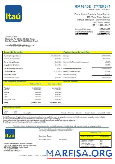 Printable Brazil Itau bank mortgage statement scr template
